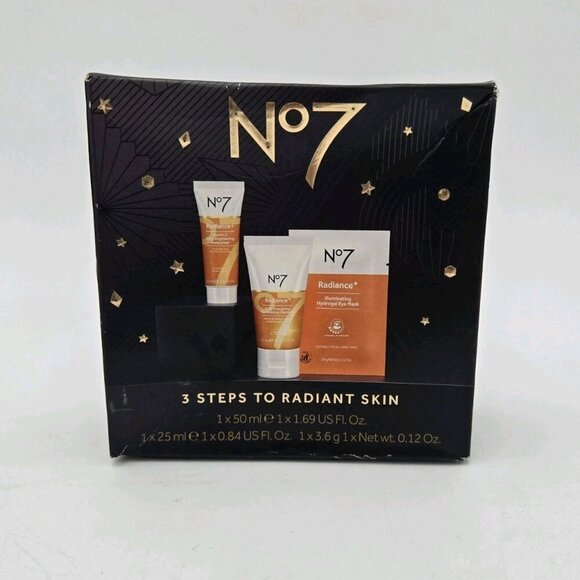 BOOTS No7 3 Steps To Radiant Skincare Set Moisturizer Cleanser Eye Mask Sealed - Picture 1 of 5